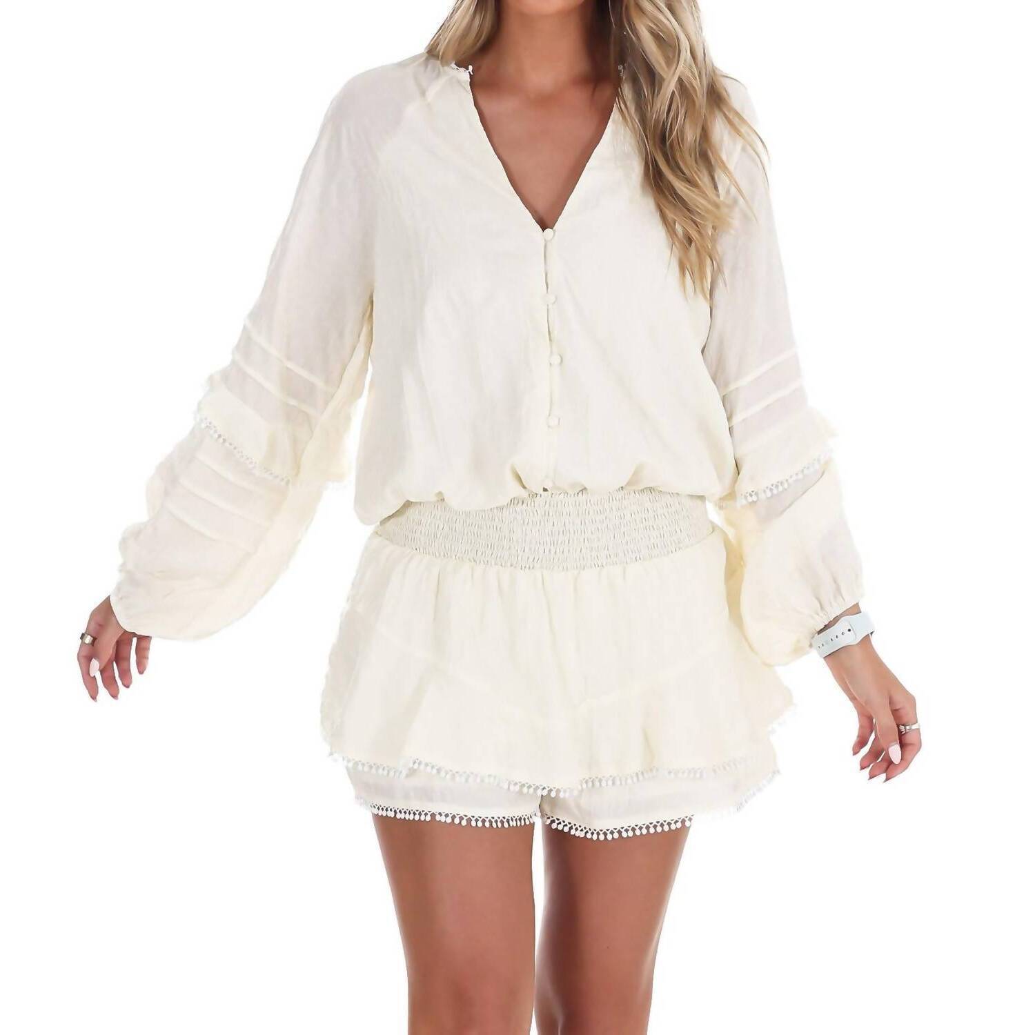 New Le Lis Sunlit Stroll V-Neck Romper In Ivory
